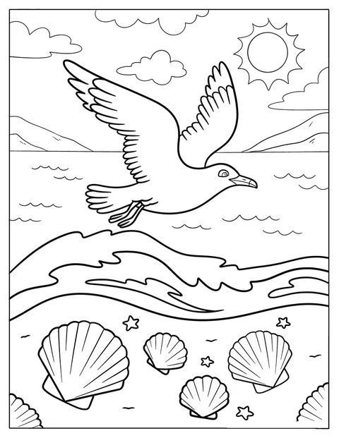 Una gaviota vuela sobre las olas del océano y unas conchas.