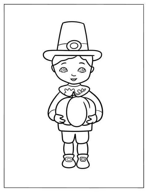 En söt chibi-pilgrimspojke håller en pumpa.