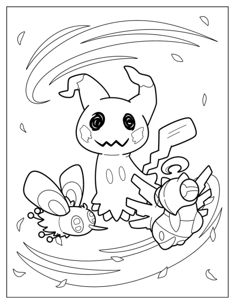 Mimikyu está acompañado por Cutiefly y Shedinja.