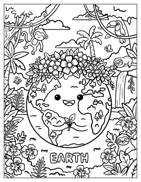 A Terra usa uma coroa de flores e está rodeada por animais tropicais.