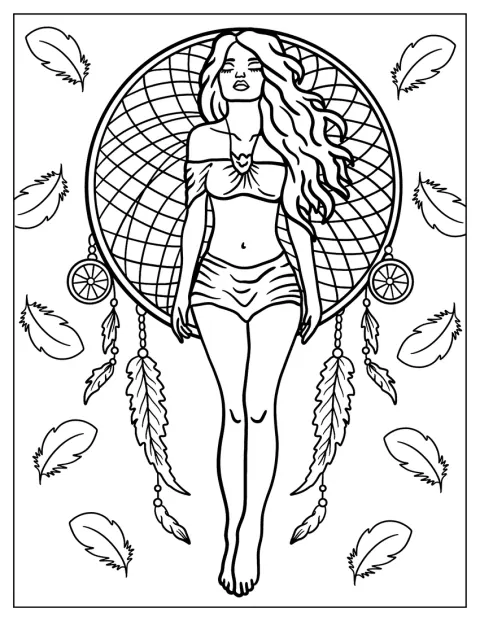 Uma mulher está deitada sobre um filtro dos sonhos rodeado de penas.