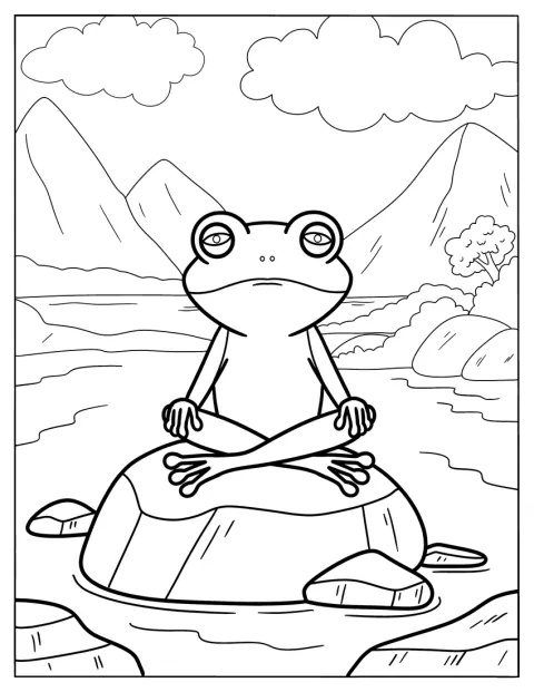 Assise en méditation sur un rocher, une grenouille adopte une posture sereine.