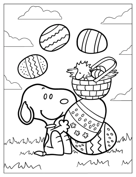 Snoopy draagt een mand vol paaseieren.