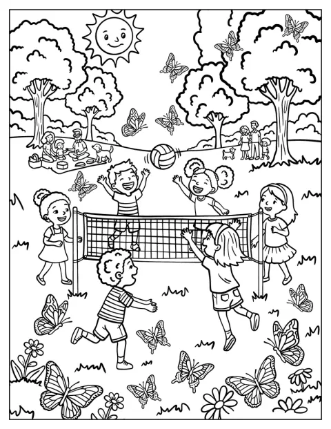 Barn spiller volleyball sammen på en åpen plass i parken.