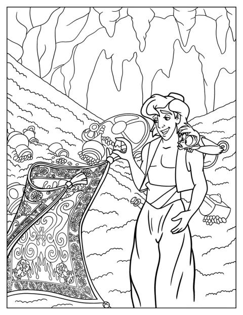 Aladdin stoi otoczony skrzyniami pełnymi skarbów.