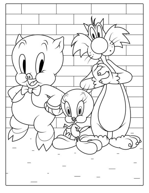 Sylvester, Schweinchen Dick und Tweety stehen gemeinsam im Bild.