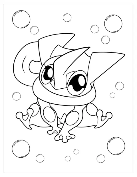 Chibi-tyylinen Greninja poseeraa suloisena kuvassa.
