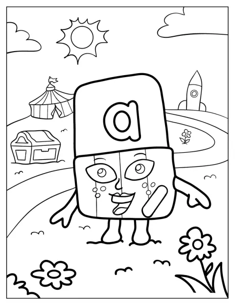 Alphablock A står i en glad positur mot en enkel bakgrunn.