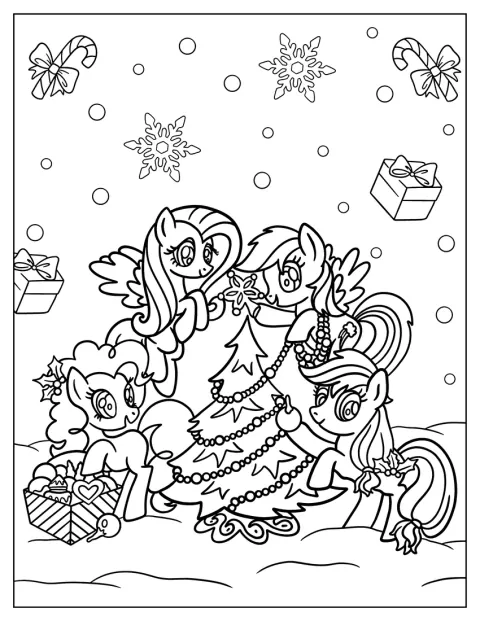 Uma personagem de My Little Pony surge decorada com elementos natalícios.