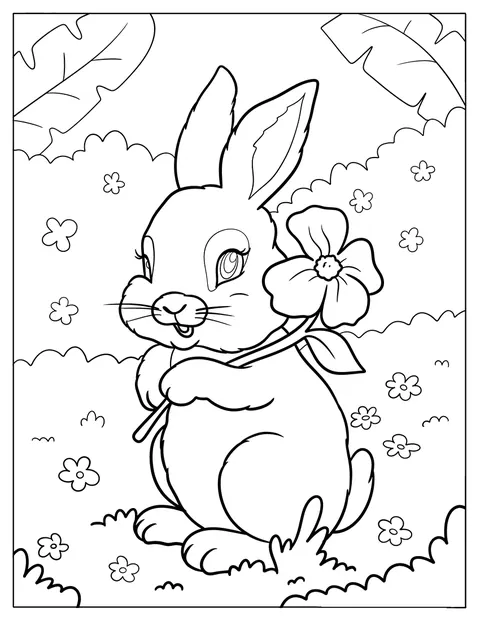 かわいいうさぎが草むらで花を手に持っています。