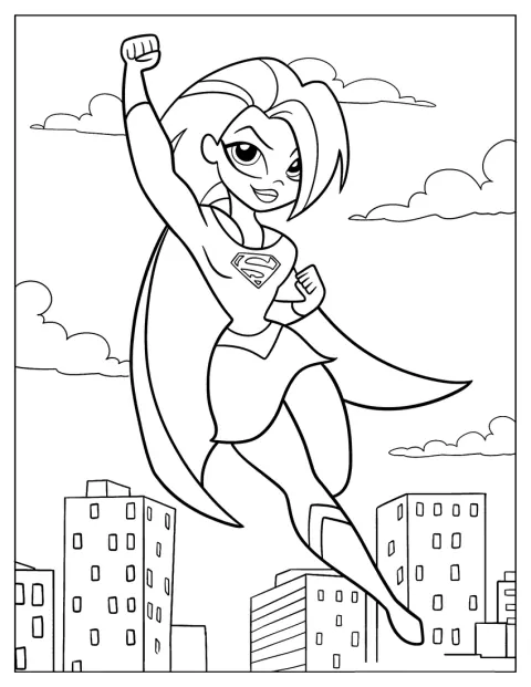 Com um sorriso, Supergirl voa entre os edifícios da cidade.