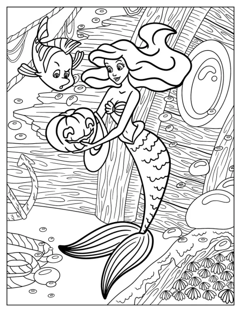 Ariel y Flounder descubren una calabaza tallada bajo el mar.