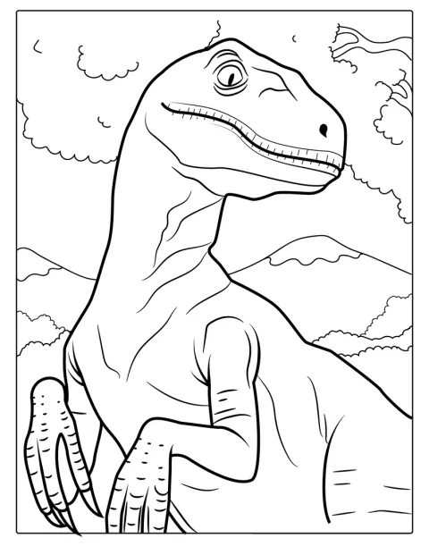 Nærbildet viser kroppen til en Velociraptor med tydelige detaljer.
