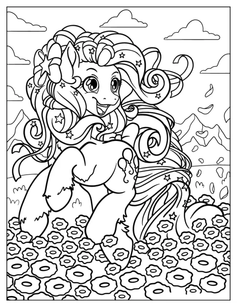 Pinkie Pie passeia por um campo de flores com a crina ao vento.