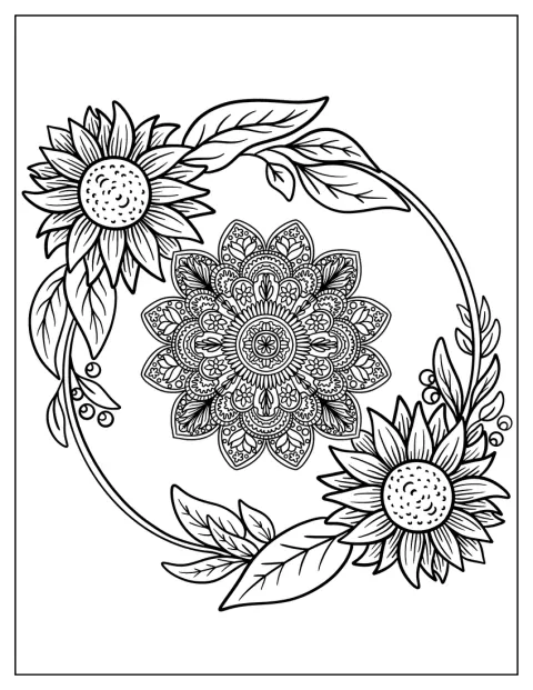 花のリースの内側に、細やかな曼荼羅模様が描かれています。