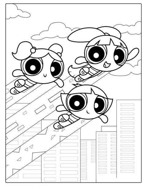 As Powerpuff Girls voam por cima dos edifícios de uma cidade.