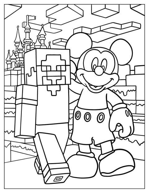 Der lächelnde Micky Maus geht neben Minecraft Steve spazieren.