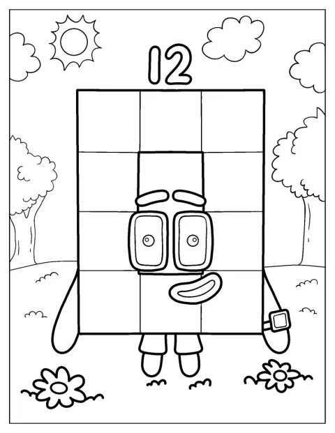 Numberblock 12 stoi pod świecącym słońcem.