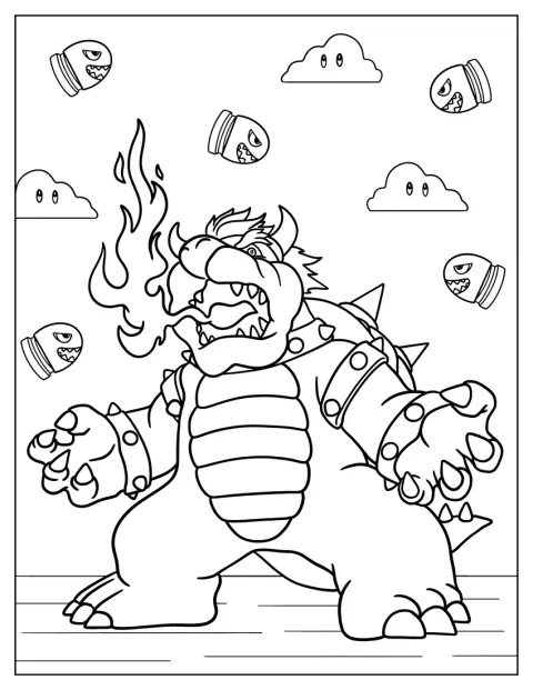 Bowser puhaltaa suustaan liekkejä.