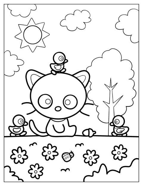 Kawaii Chococat Sitting On The Grass With The Duckies Coloring Page For Preschoolers