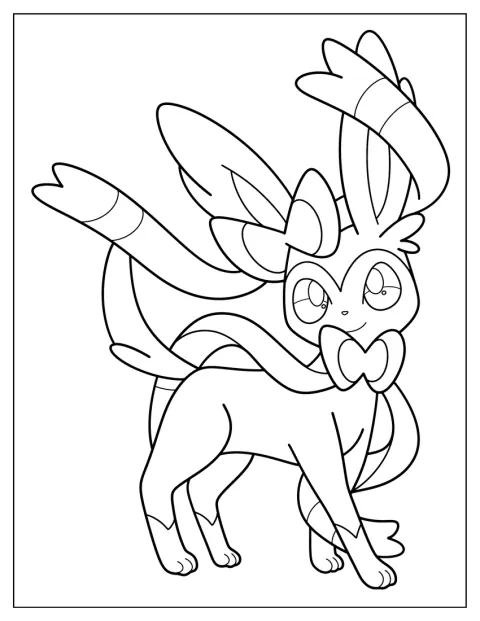 Sylveon stoi z długimi, powiewającymi wstążkami.