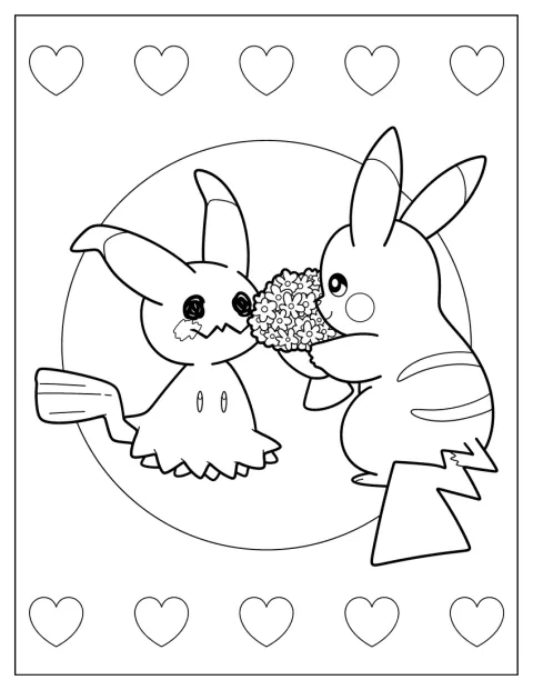 Pikachu rækker en buket blomster frem mod Mimikyu.