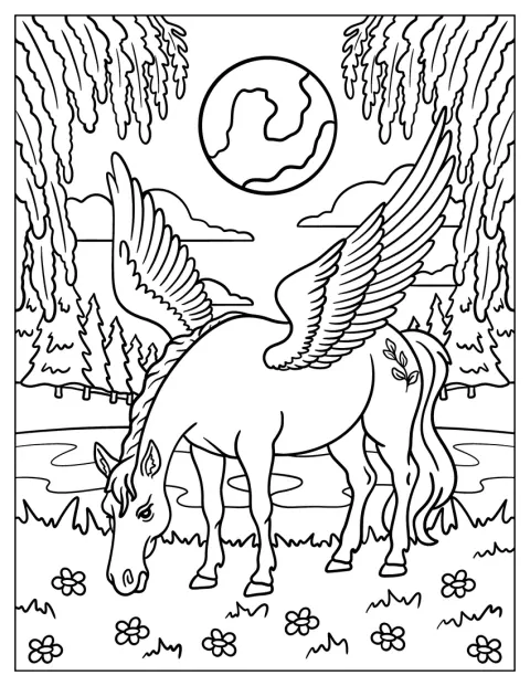 Un Pegaso tranquilo pasta junto a un lago bajo la luna llena.