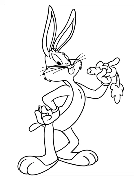 Bugs Bunny segura uma cenoura numa pose simples.