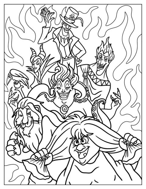 Madam Mim, Scar, Maleficent, Ursula, Hades und Dr. Facilier sind gemeinsam abgebildet.