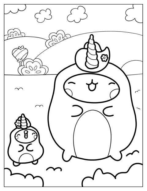 Molang har enhjørninghorn og står sammen med Piu Piu.