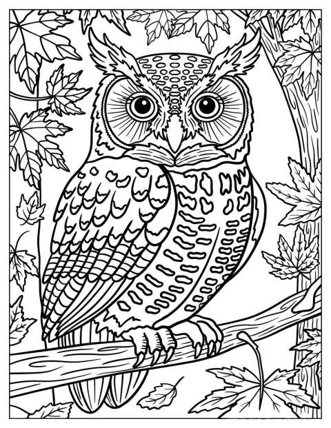 堂々としたフクロウが、秋の葉の茂る枝にとまっています。