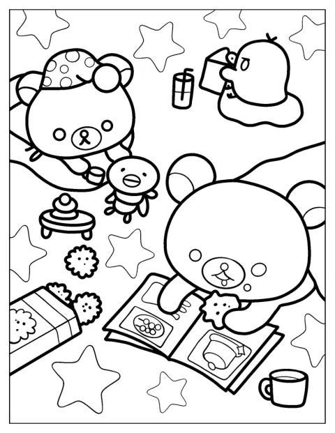Rilakkuma, Korilakkuma et Kiiroitori mangent en lisant un magazine.