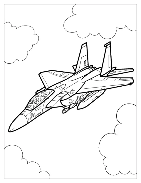 Detailně vykreslený Boeing F-15 prolétá oblohou před mraky.