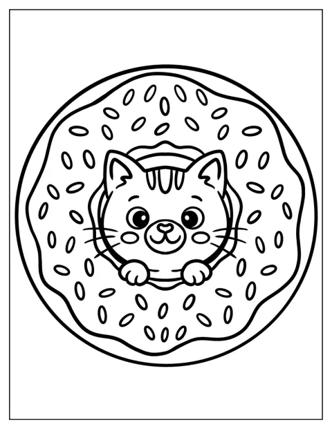 Um gatinho está sentado no centro de um donut coberto de pepitas.