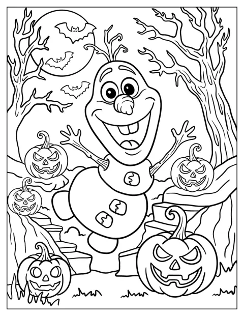 Olaf danst in een bos vol uitgeholde Halloweenpompoenen.