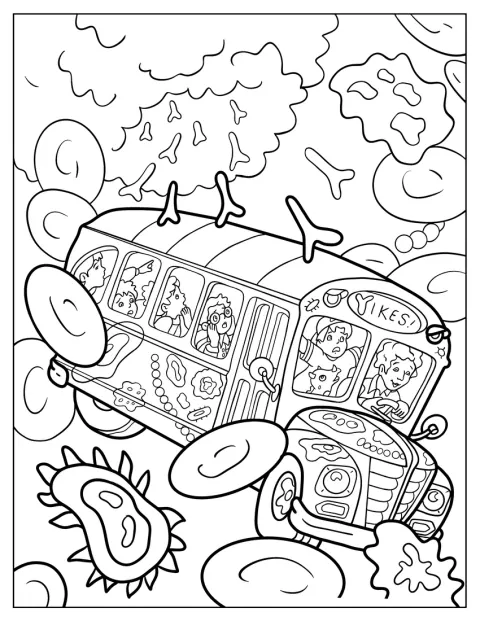 A varázslatos iskolabuszt vörösvérsejtek, fehérvérsejtek és antitestek veszik körül.