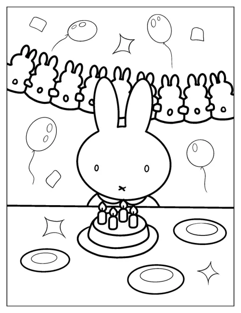 Miffy feiert Geburtstag neben einem Kuchen und einer Girlande.