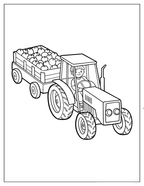 農家の人が、リンゴをたくさん積んだ荷車をトラクターで引いています。
