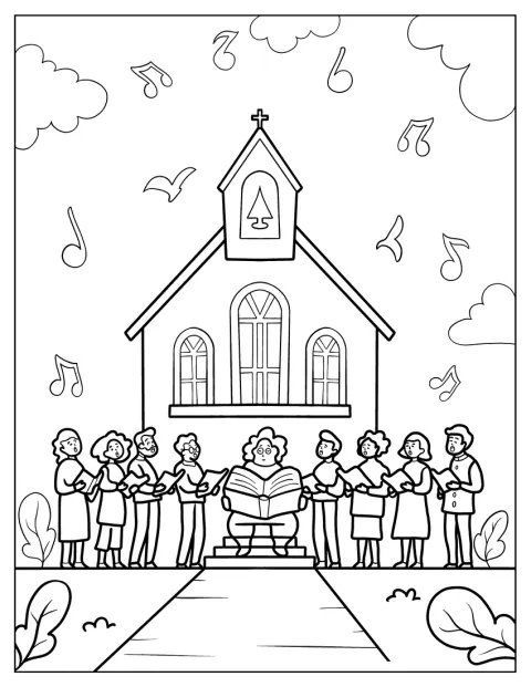 Egy kórus látható a templom egyszerű körvonalai között.