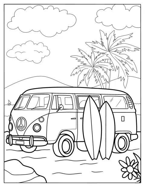 Un Volkswagen parcat lângă plajă poartă o placă de surf pe acoperiș.