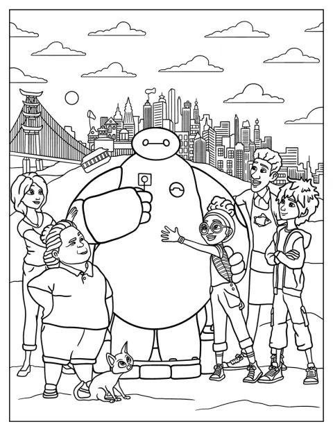 Baymax spotyka rodzinę Hamadów w mieście San Fransokyo.