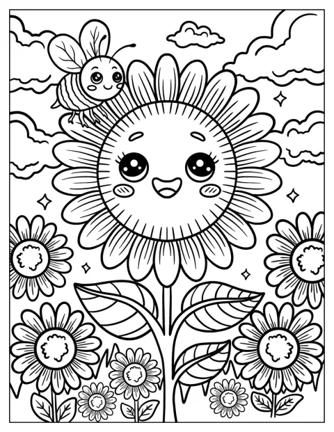 Un girasole sorridente e un’ape allegra spuntano tra i fiori del giardino.