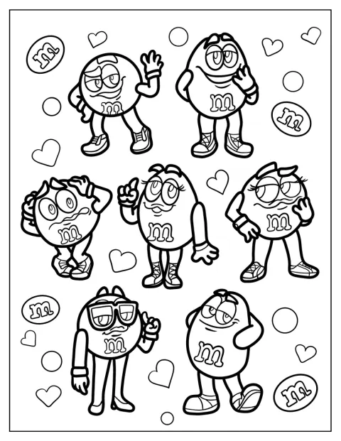 Personajes rojos, amarillos, naranjas, morados y verdes de M&M’s aparecen juntos.