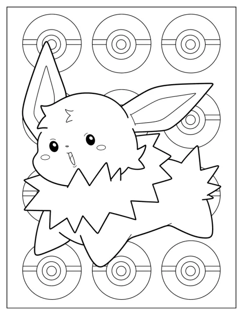 Jolteon este desenat în stil chibi, cu trăsături adorabile.