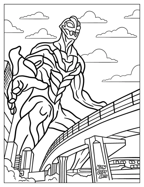 Un Ultraman gigantesque se dresse parmi les immeubles d’une ville.