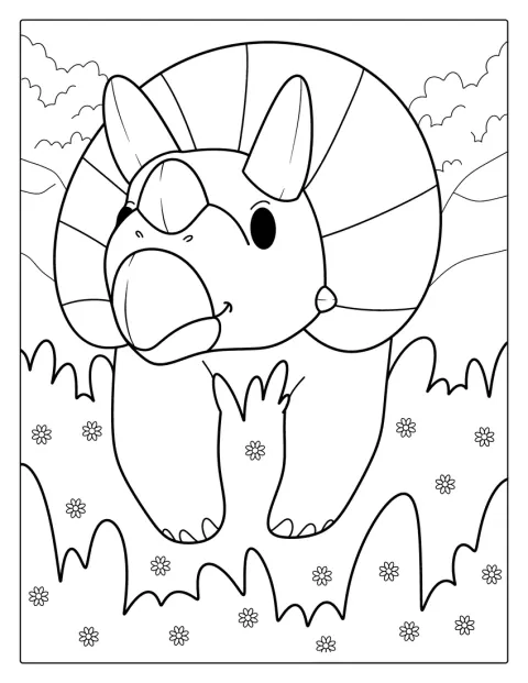 Un pequeño Triceratops de aspecto adorable posa de frente.