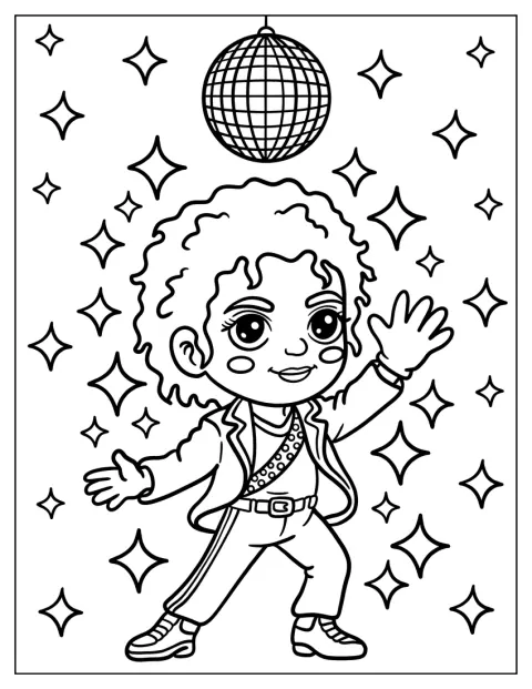 Michael Jackson w stylu chibi tańczy pod kulą dyskotekową, wśród błysków.
