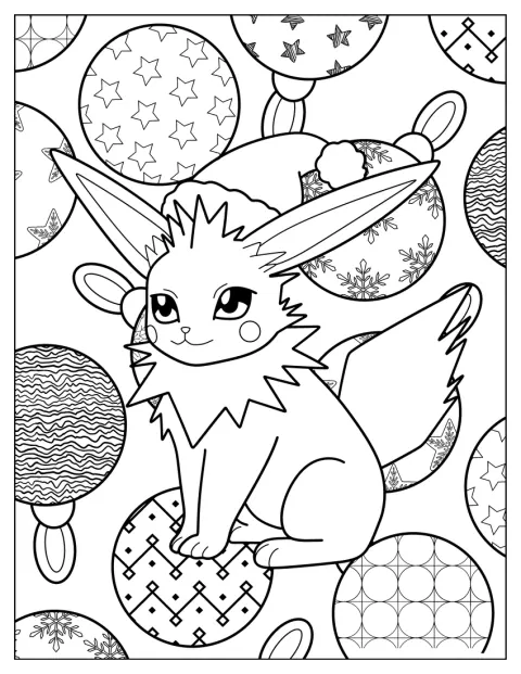 Evoli trägt eine Weihnachtsmütze, während Christbaumkugeln den Hintergrund schmücken.