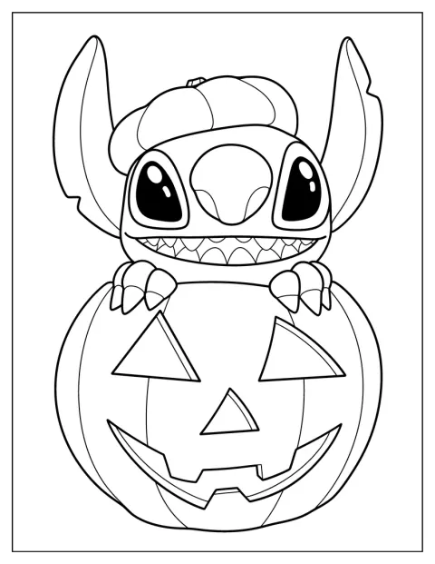 Stitch siedzi w wydrążonej dyni z wyciętą twarzą.