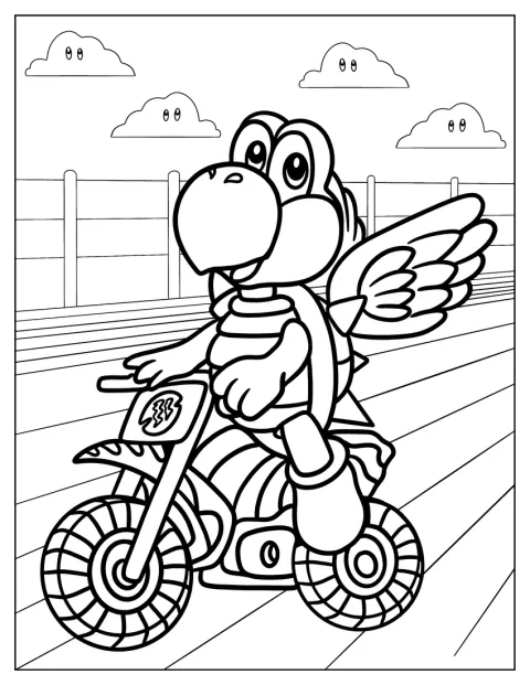Koopa Paratroopa uhání na motorce závodní tratí Mario Kart.